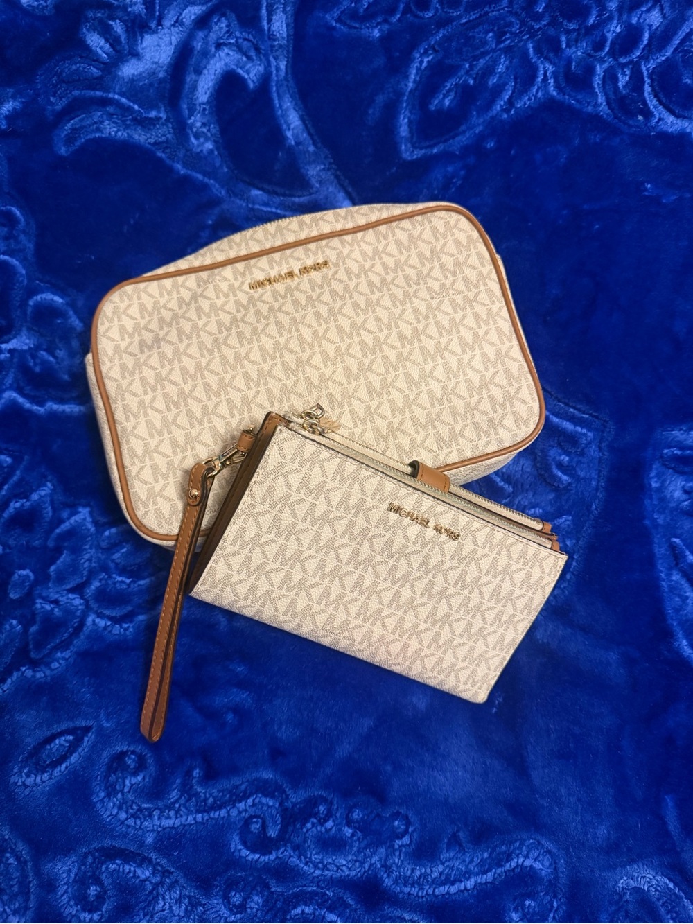 Michael Kors Cream Monogram Wristlet and Pouch Set with Tan Trim